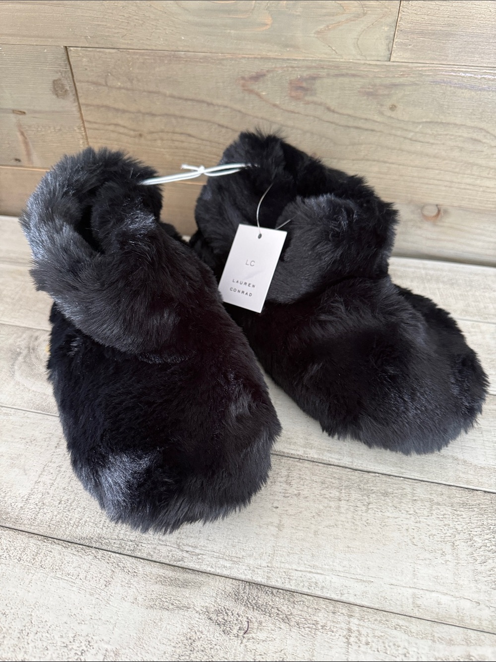 LC Lauren Conrad Black Plush Faux-Fur Slippers